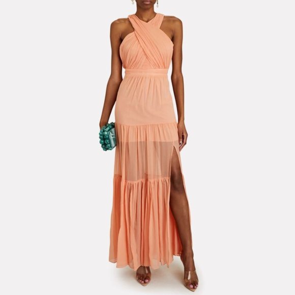 Veronica Beard Florencia Maxi-Length Dress Bright Coral Criss-cross Halter Neck - Picture 11 of 12